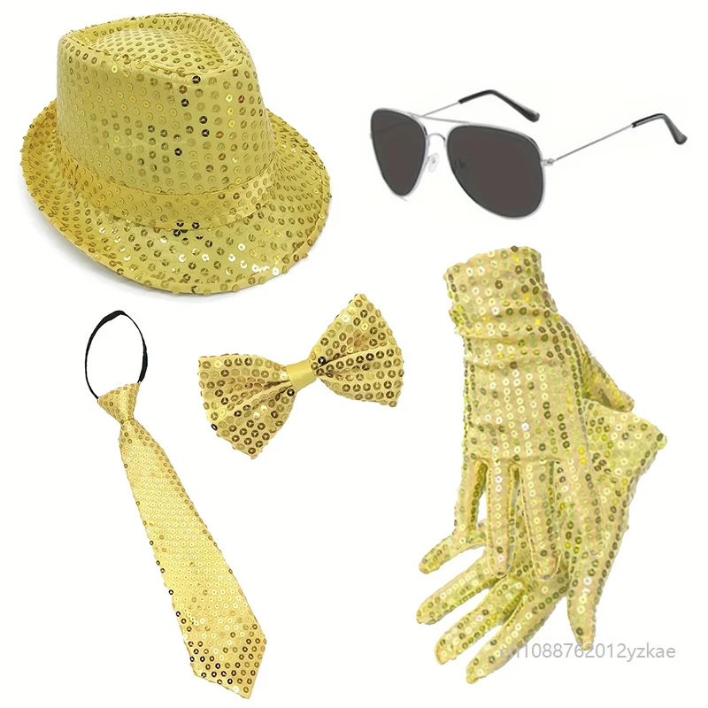 Men 70s Disco Costume Set Sequin Hat Sunglasses Bow Tie Necktie Gloves Halloween Party Cosplay Stage Performance Accessories 5