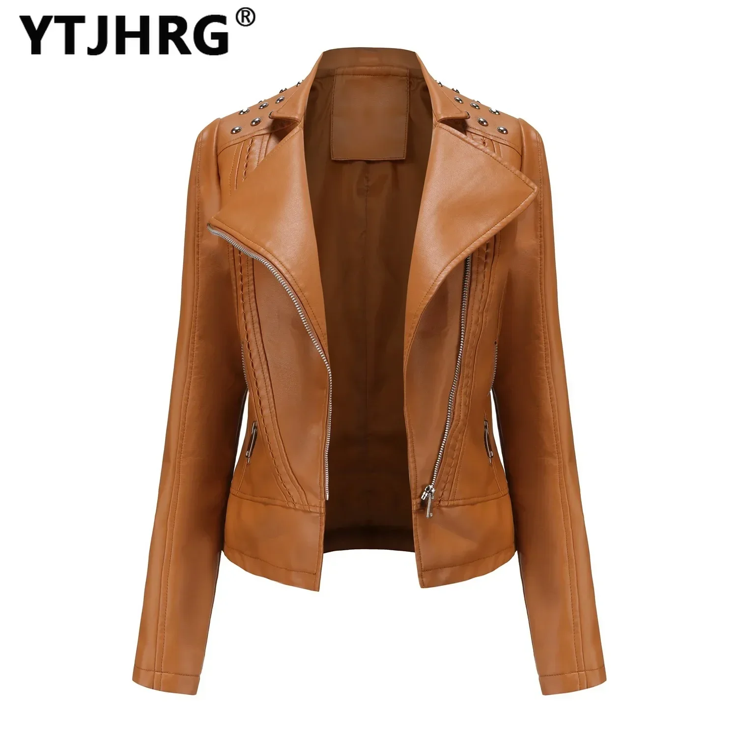 YTJHRG-abrigos con remaches para mujer, chaquetas de cuero PU con cremallera, Tops de motorista con bolsillo, primavera y otoño, novedad de 2024