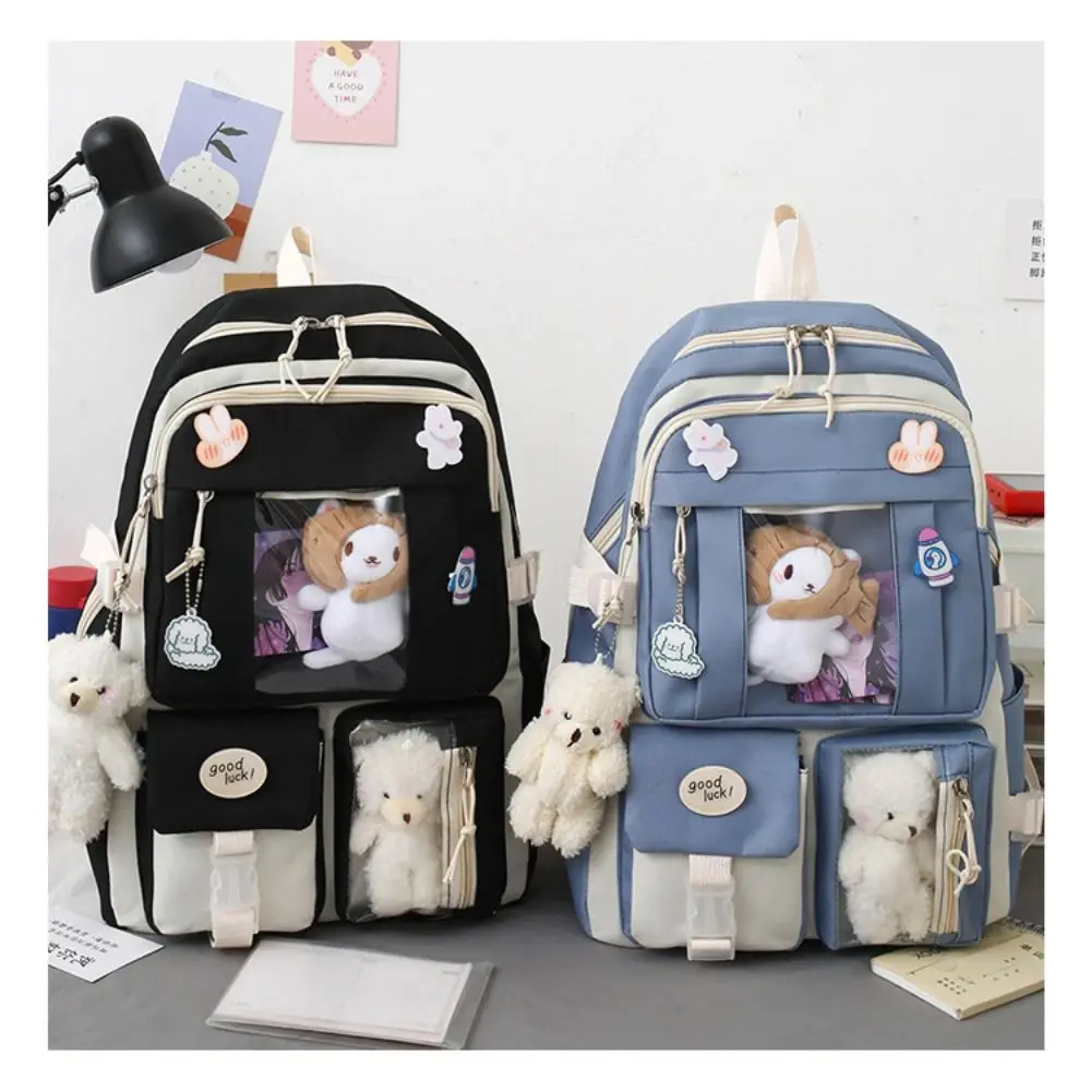 5Pcs/set Kawaii School Backpack Schoolbag Waterproof Lightweight Book Bags Plush Bear Large Capacity School Bags Boys