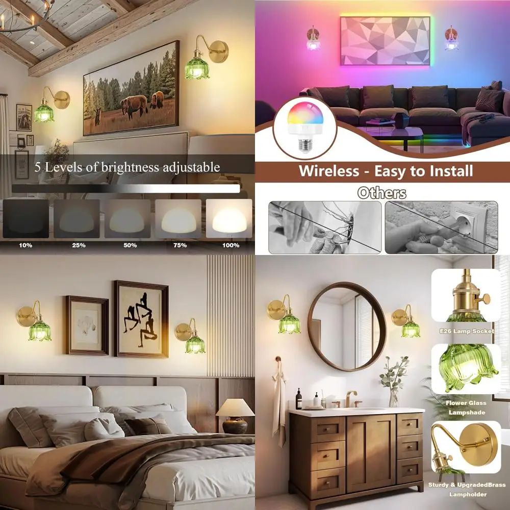 

Набор из двух современных настенных бра на батарейках с зелеными стеклянными абажурами и пультом дистанционного управления для домашнего декора