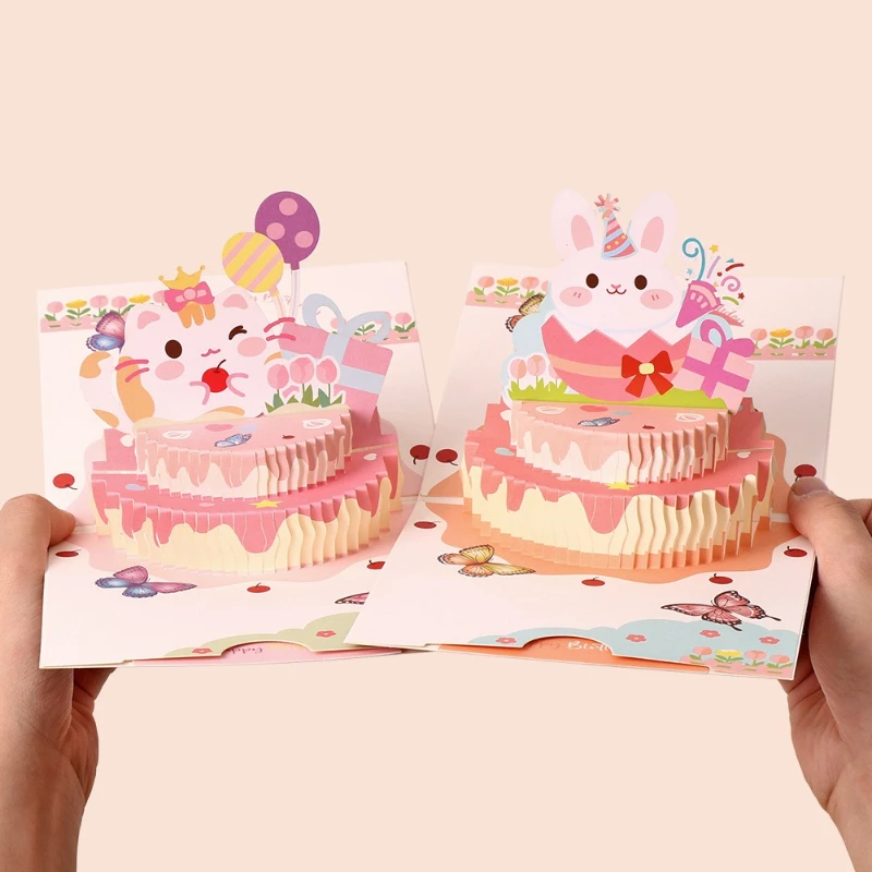 3D Cartoon Cute Rabbit Birthday Cake Greeting Card Classmate Birthday Gift Holiday Blessing Wholesale Office School Supplies