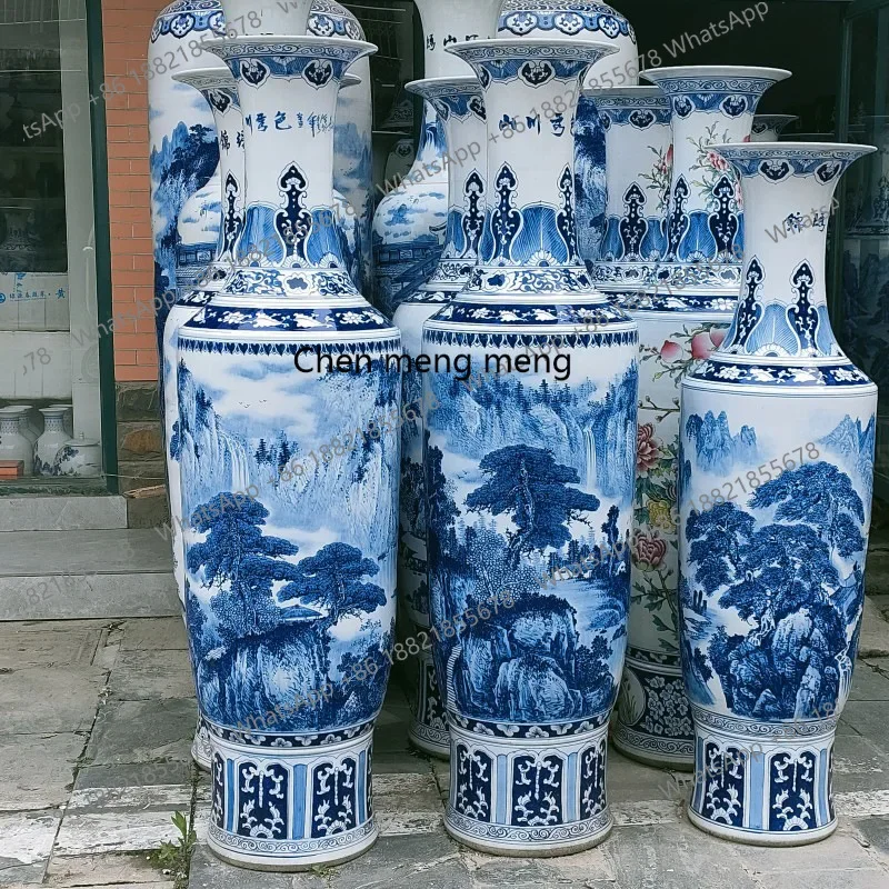 A74Hand-painted floor-to-ceiling large vase underglaze color meticulous blue and white landscape golden bell large vase ornament