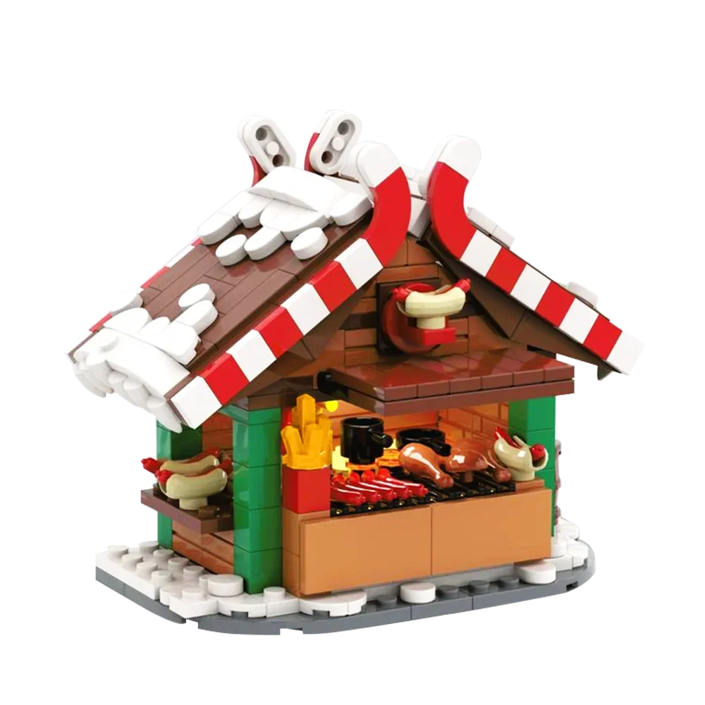 Gobricks MOC ウィンターストリートビュー クリスマスグリルスタンド ビルディングブロックセット ホットドリンクスタンド トゥクトゥク コーヒーブロック 子供のおもちゃギフト