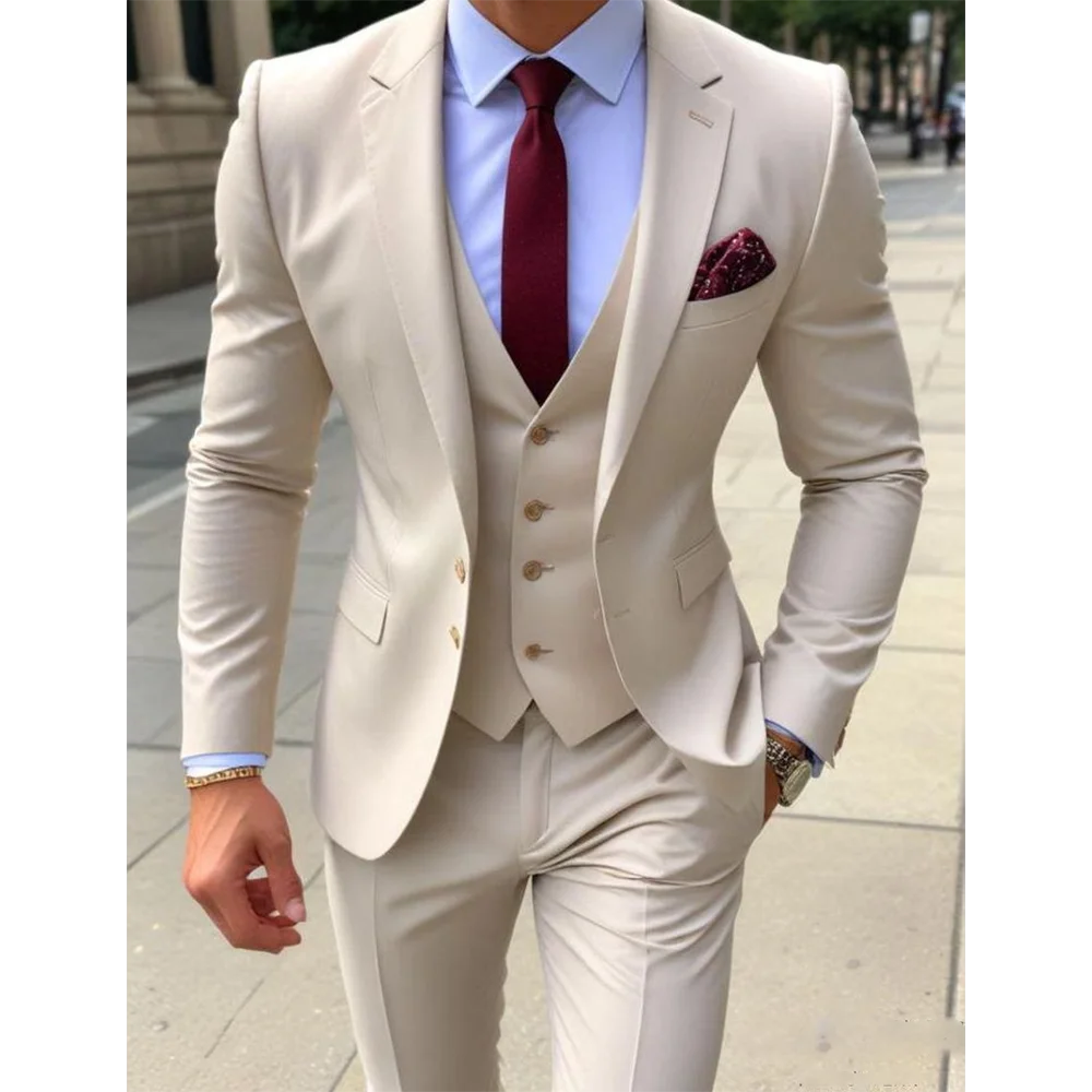 

Elegant Men's Suits Three Jacket Pants Vest Single Breasted Business Style Formal Occasion Custom Clothing