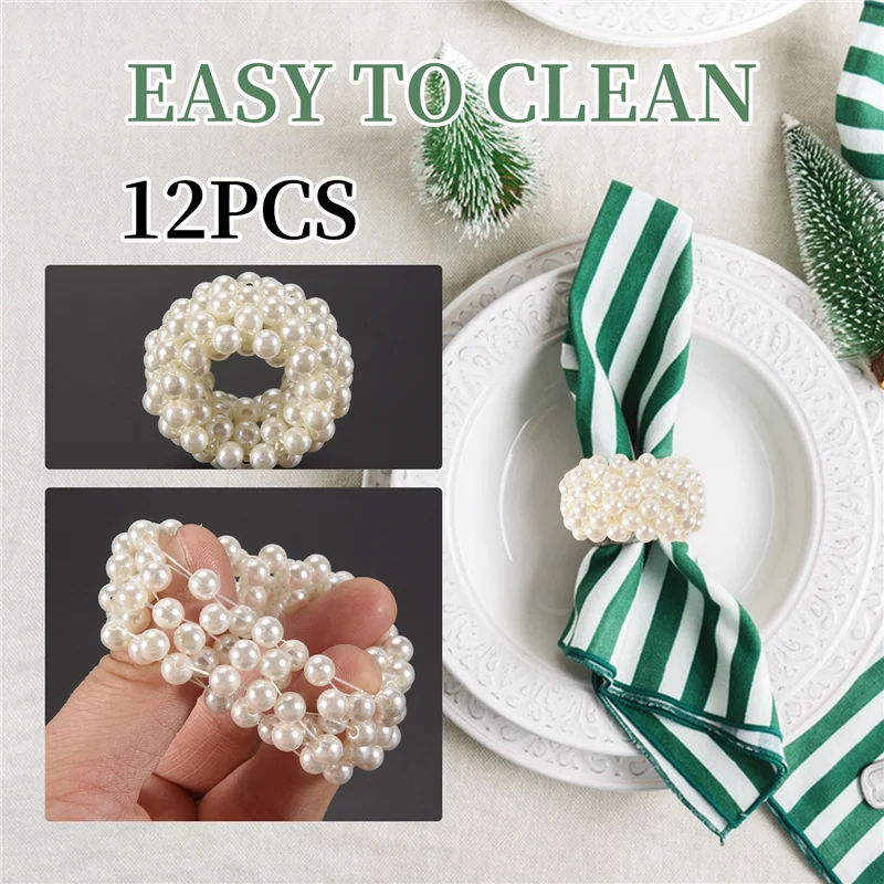 

-AT37 Napkin Ring 12-Piece Set, White Pearl Wedding Napkin Buckle Table Decoration