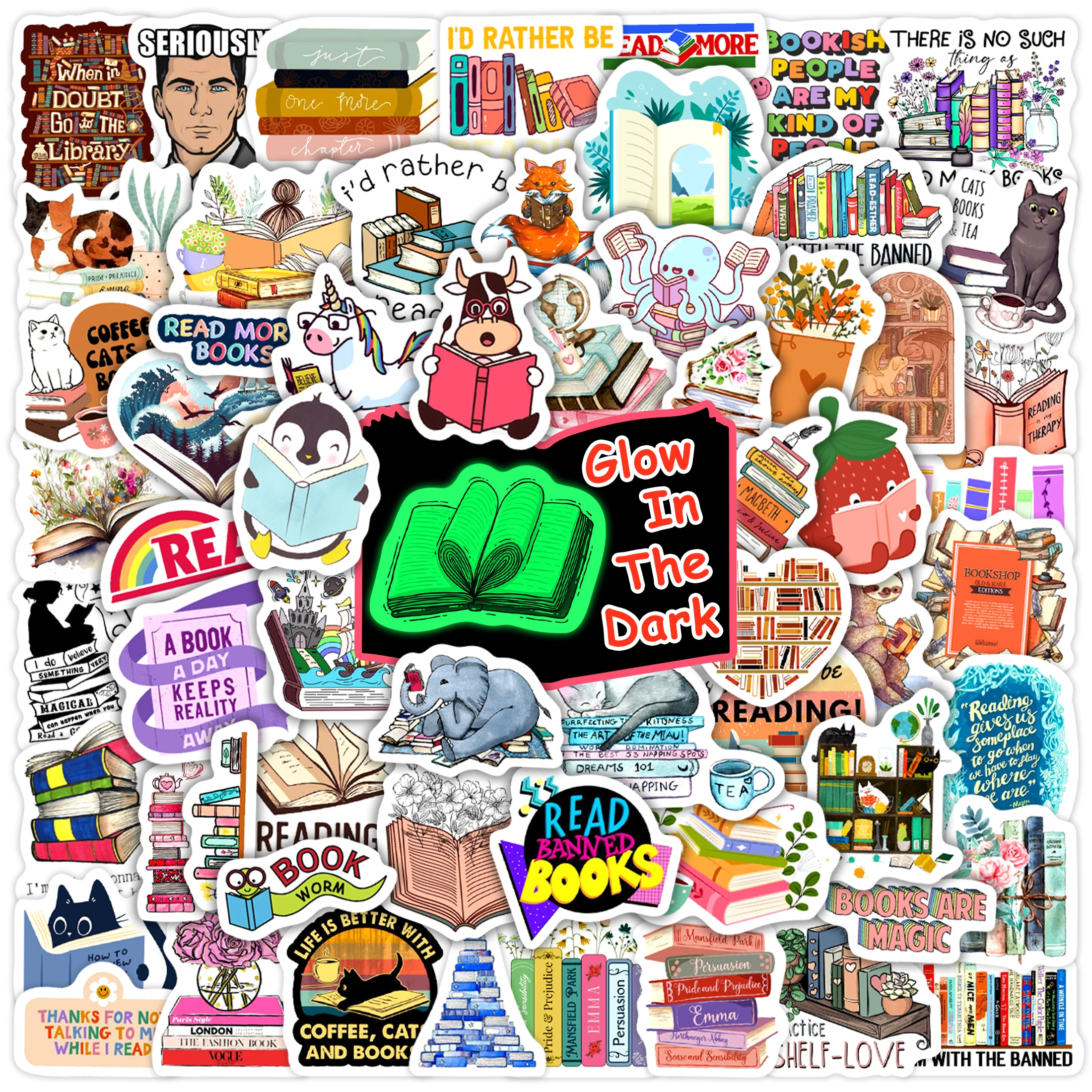 

50Pcs Book Pattern Glow in the Dark Stickers Waterproof Vinyl Decals Water Bottle Skateboard Decoration for Kids Teens DIY Gifts