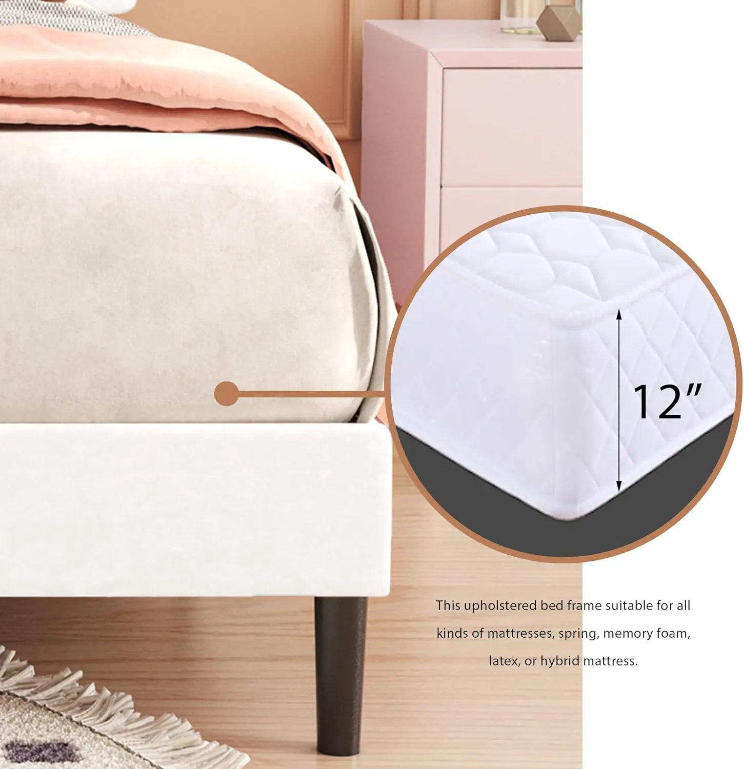 Upholstered Platform Bed Frame with Velvet Upholstered Headboard Wooden Slats Support No Box Spring Needed Easy Assembly