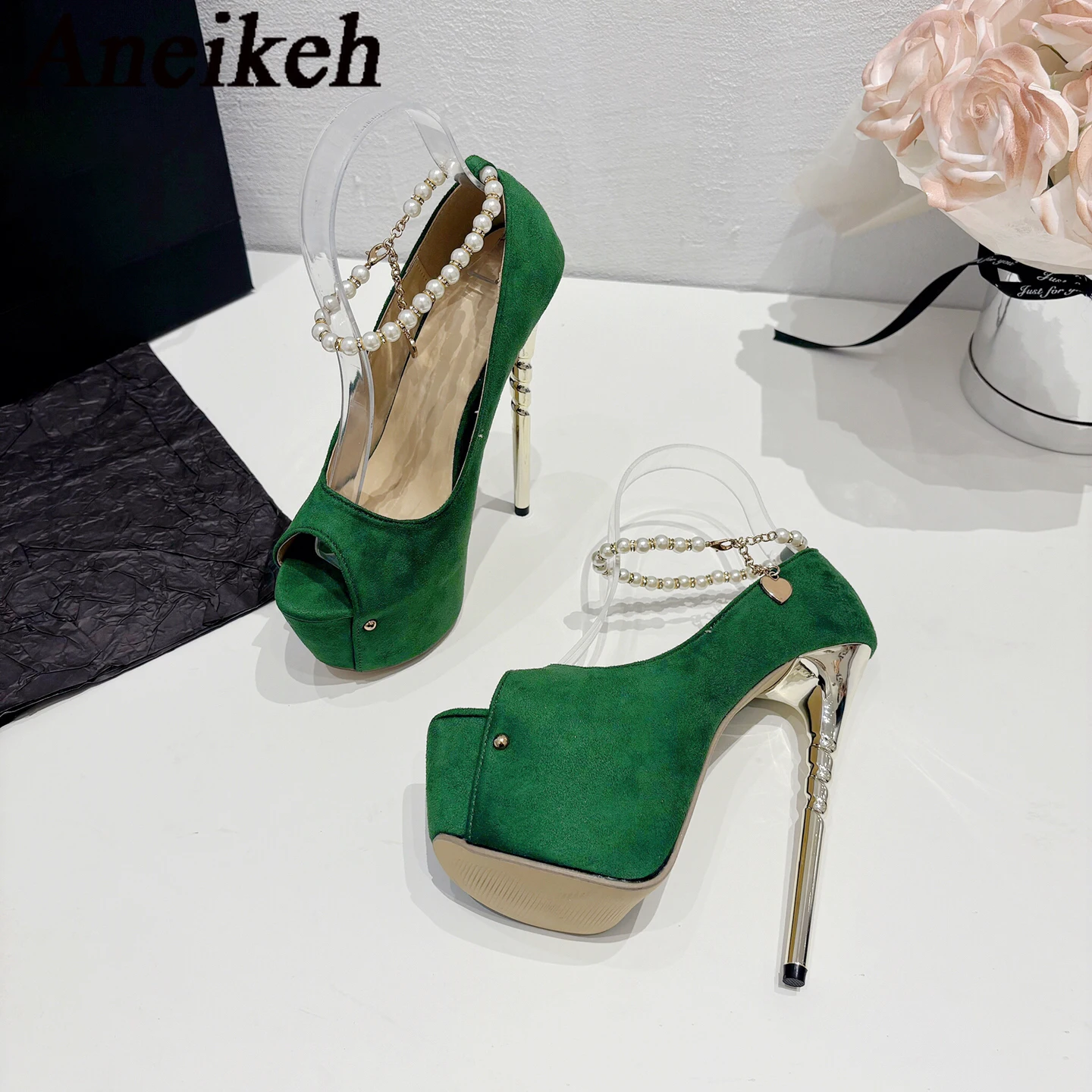 Aneikeh Green Pearl Chain Thread Heel Waterproof Platform High Heels  Sandals Sexy Gladiator Women Shoes 2025 Fashion Summer