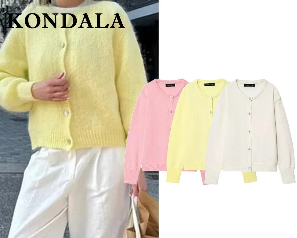 

KONDALA шикарные желтые Y2K повседневные вязаные женские свитера 2025 года, милый трикотаж с круглым вырезом на пуговицах, студенческая уличная одежда, элегантная женская верхняя одежда