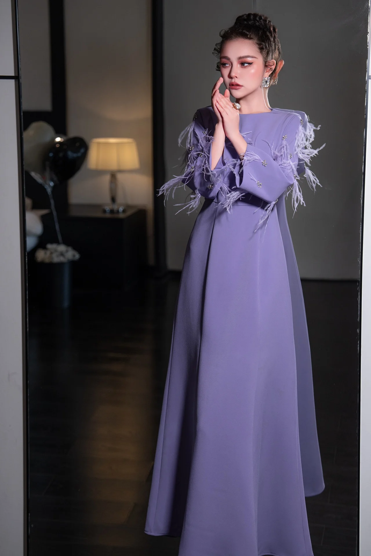 ZJYT Elegant Women\'s Long Evening Party Dresses 2025 Spring Designer Feathers Beading Maxi Purple Dress Female Vestidos Robe