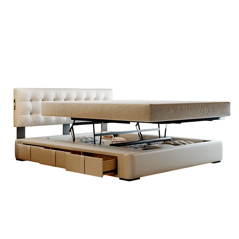 

Bedside waffle cream wind master and second bedroom, double small apartment box storage translation leather bed