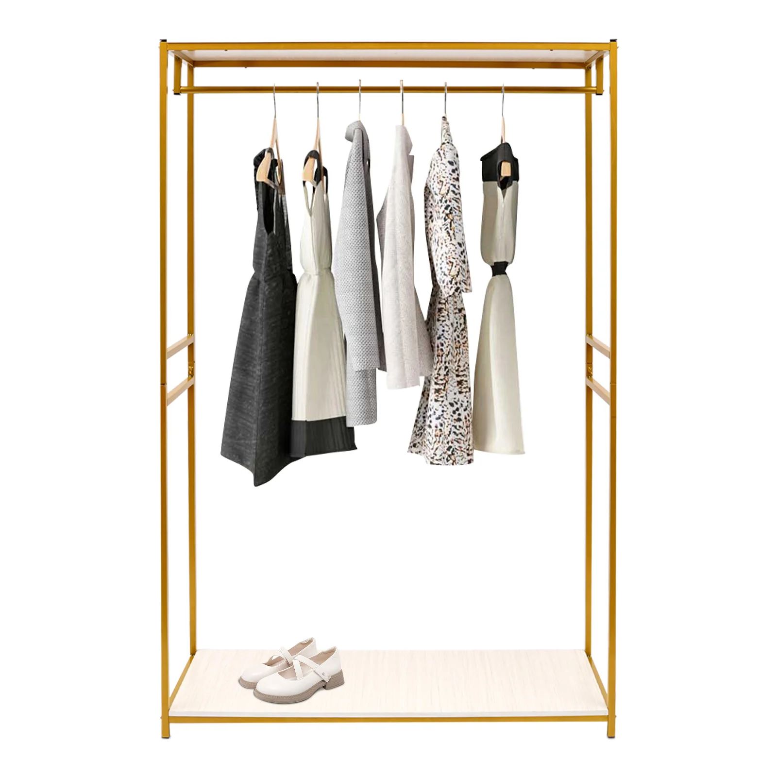 120*45*190cm Gold Clothing Display Rack Free Standing Clothing Rack with Wood Shelf Multifunctional Use