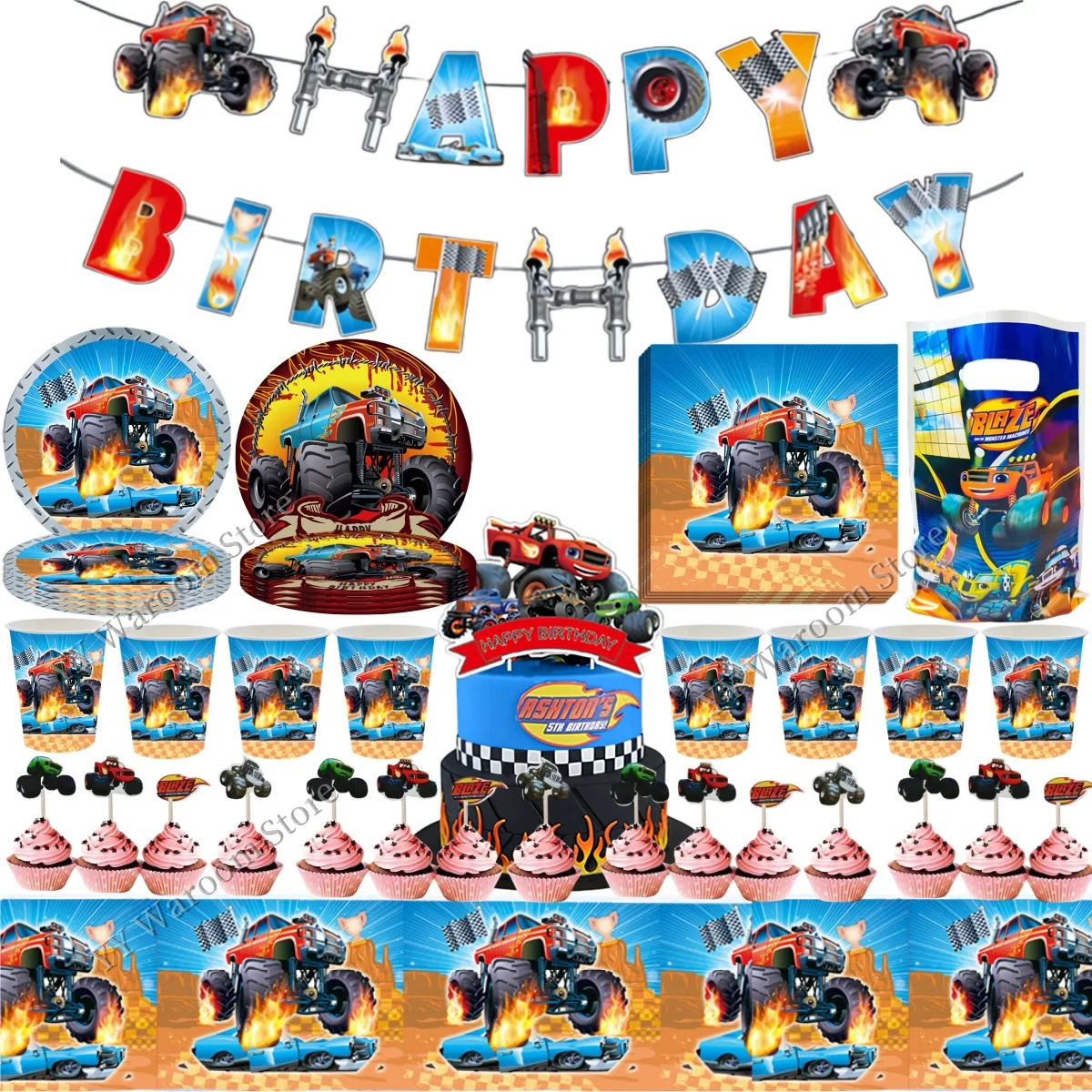 Blaze Monster Machine Birthday Party Decor  Monster Truck Disposable Tablecloth Plate Cup Cake Decor Boys Favors Party Supplies