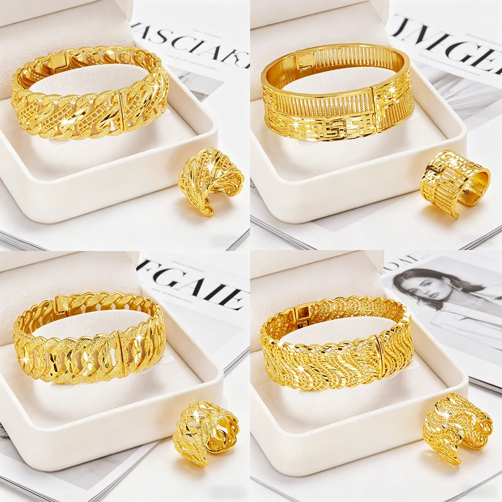

Dubai Bangle Ring Women Cuff Baracelet with Ring Set African Jewelry Fashion Bracelet Ring Set Vintage Gold Color Party Gift