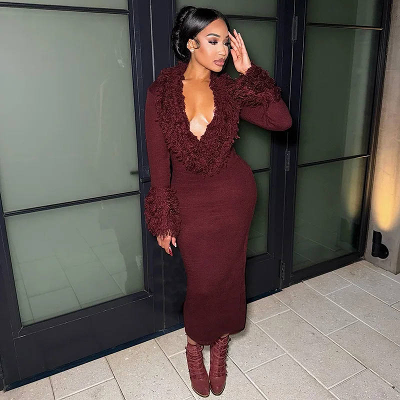 الخريف/الشتاء المرأة الجديدة طويلة الأكمام شرابة مثير العميق الخامس الرقبة بلون متماسكة Bodycon اللباس #2
