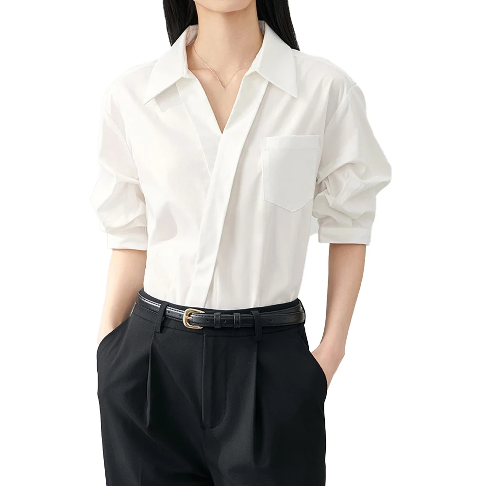 Women Loose V-Neck Shirt Solid Five-Quarter Sleeve Pullover Tops Blouses Workplace Commuting Formal Attire  Professional Suit