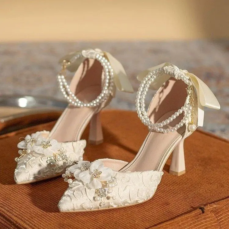 

White Pearl Chain Bridal Shoe Wedding Shoes for Women Luxury Designer Mary Jane Elegant Woman Pointed Toe Sandals High Heels