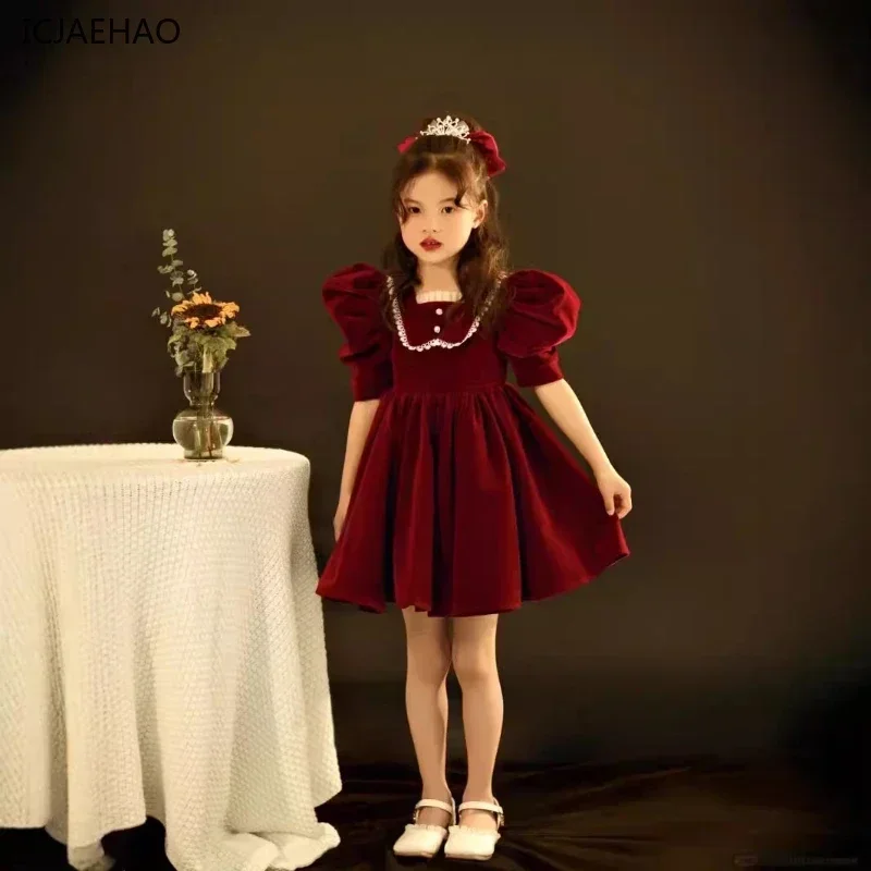 ICJAEHAO 2024 Kids Girls' Evening Red Clohtes Light Luxury Niche High-End Birthday Princess Dress Host Piano Performance Costume