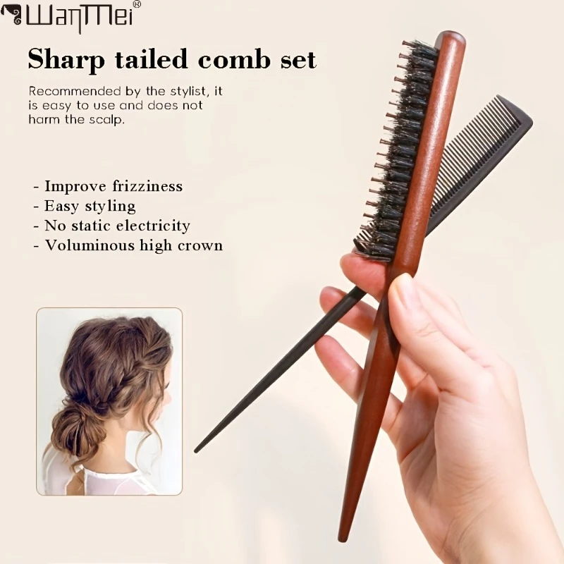Sharp Tailed Comb Set - Boar Bristle Volumizing Hair Brush & Fine Tooth Comb for Anti-Static Frizz Control & High Crown Styling