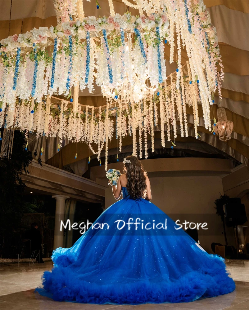 Vestidos de quinceañera con hombros descubiertos, color azul real de México, apliques de cuentas, vestido de lujo para cumpleaños de 2025, vestido con volantes, dulce 15 personalizado