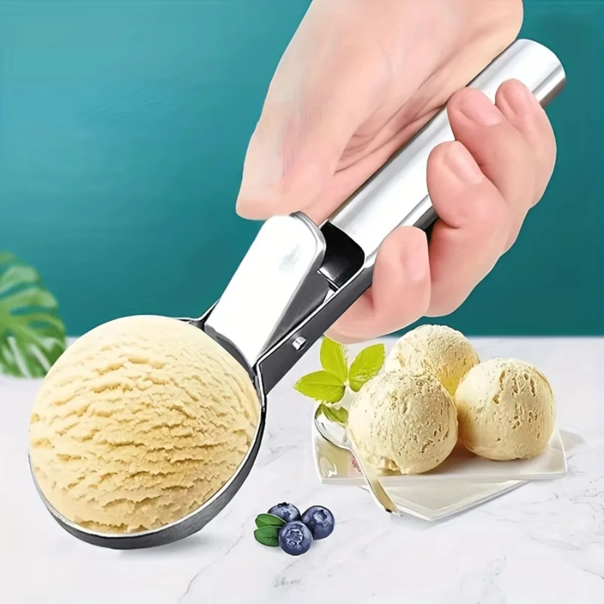 Stainless Steel Ice Cream Scoop Trigger Release Melon Baller Spring Loaded Fruit Scoop for Watermelon Cantaloupe Frozen Dessert