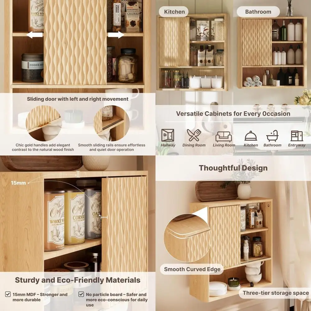 

Modern Sliding Door Wall Cabinet, Oak Finish Storage for Bathroom, Kitchen, Dining, Living Rooms