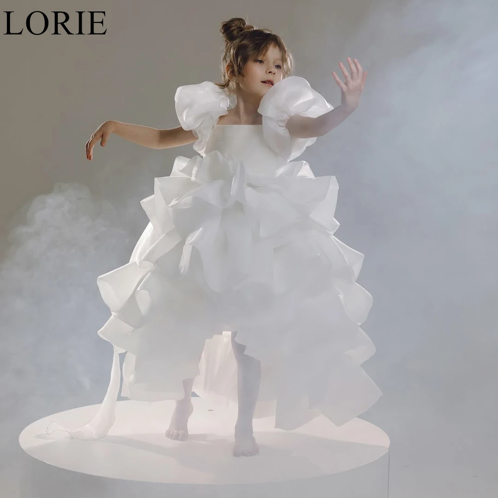 

LORIE Pure White Flower Girl Dress Ball Gown Ruffles Tiered Bow Puff Sleeves Square Neck Fairy Princess Birthday Dress Customize