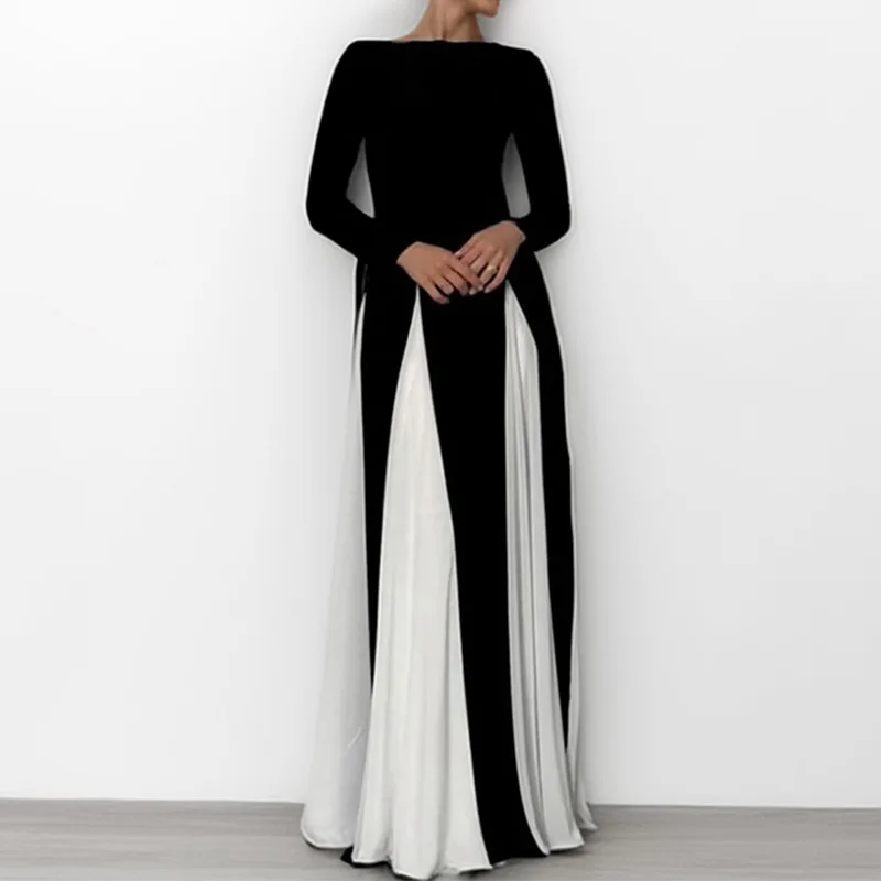 

Spring Evening Dress New Color Contrast Long Sleeve European and American Women's Long Dress Casual Loose Dress