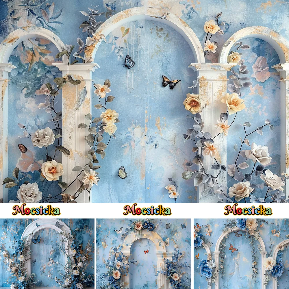 Studio Photography Background Prop for Maternity Vintage Arch Door Floral Butterfly Blue Backdrop Booth Bride Show Wedding Photo