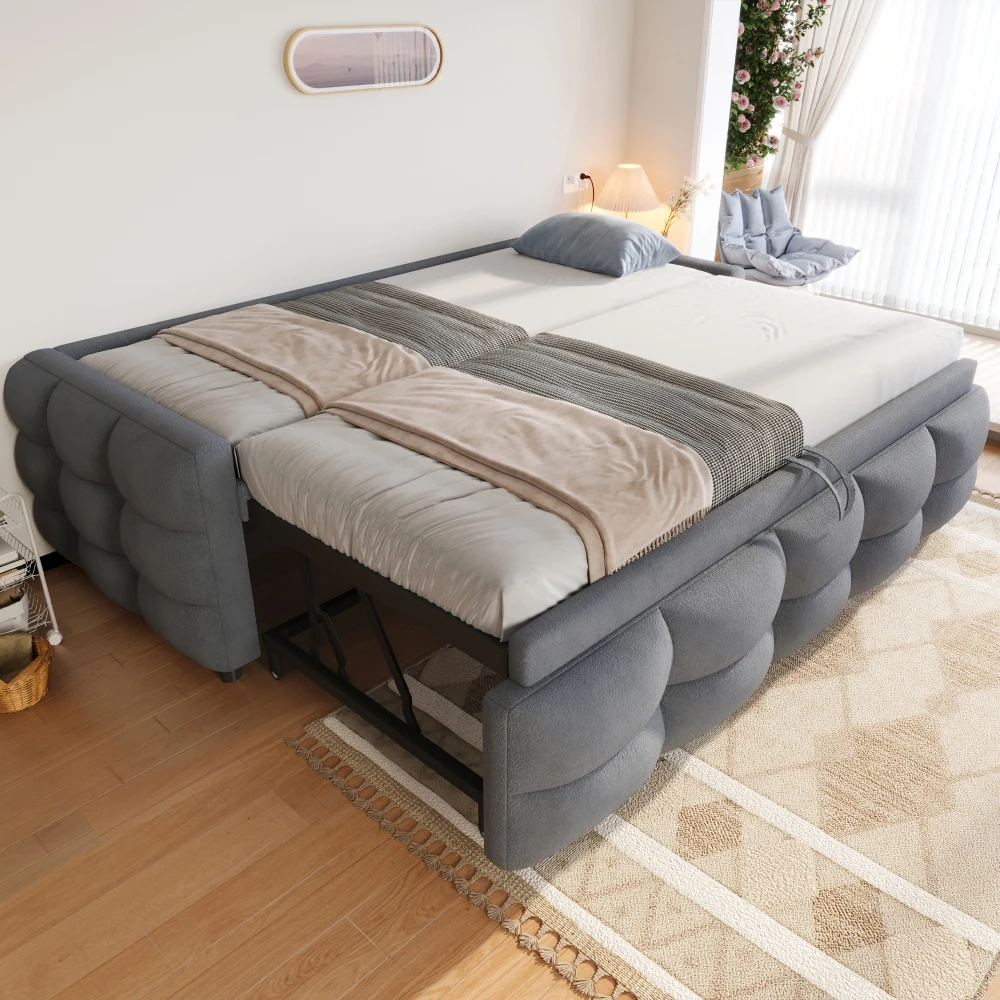 90/180x190cm Ausziehbares Schlafsofa, Samt-Puff-Stoff, umwandelbares Einzel-/Doppelbett, multifunktionales Tagesbett mit Tafel, platzsparende Couch (Matratze nicht enthalten)
