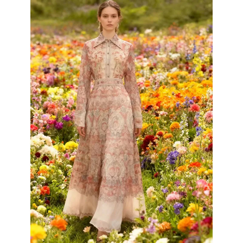 Taille haute imprimé Dr avec col montant t-shirt ensemble jupe longue velours matériel neutre ouleur printemps Collection