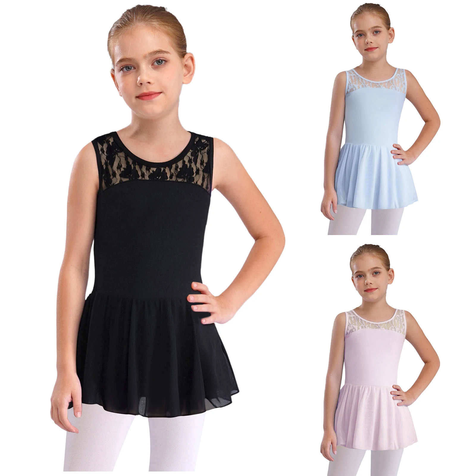 エレガントなキッズガールノースリーブ V バック花柄レースパッチワークダンスドレスバレエ練習パフォーマンス競技衣装パーティー着用