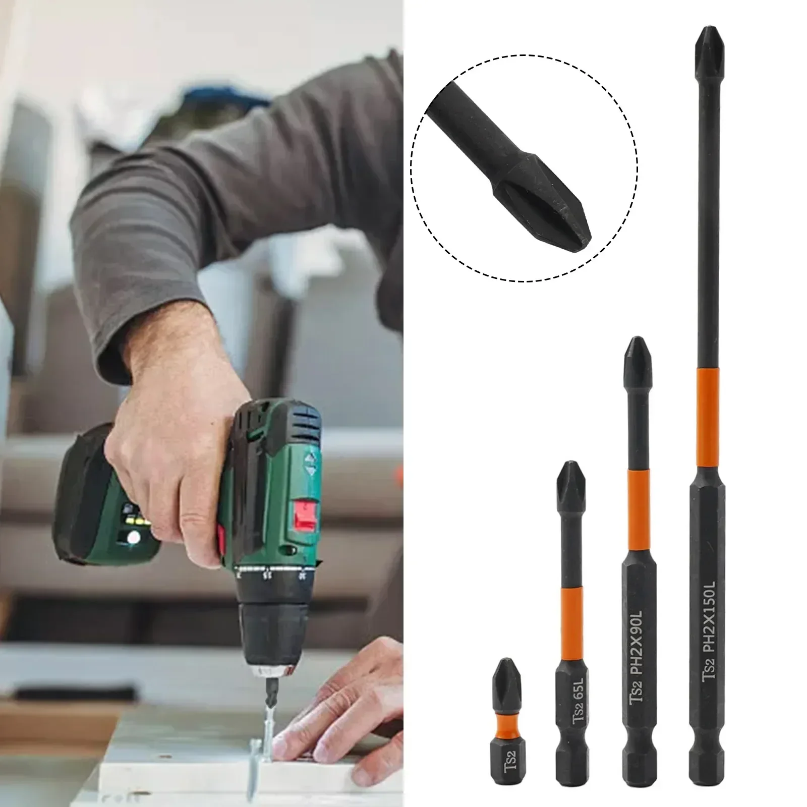 Magnetic Alloy Steel Cross Screwdriver Bit Set, 4pcs PH2 Impact Screwdriver Bits, Long 150mm Length for Easy Penetration