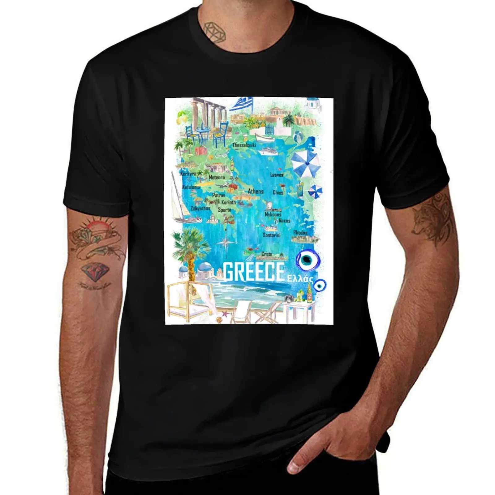 Greece Illustrated Travel Map in Mediterranean Aegean Adriatic Seas with Roads and Tourist Highlights T-Shirt