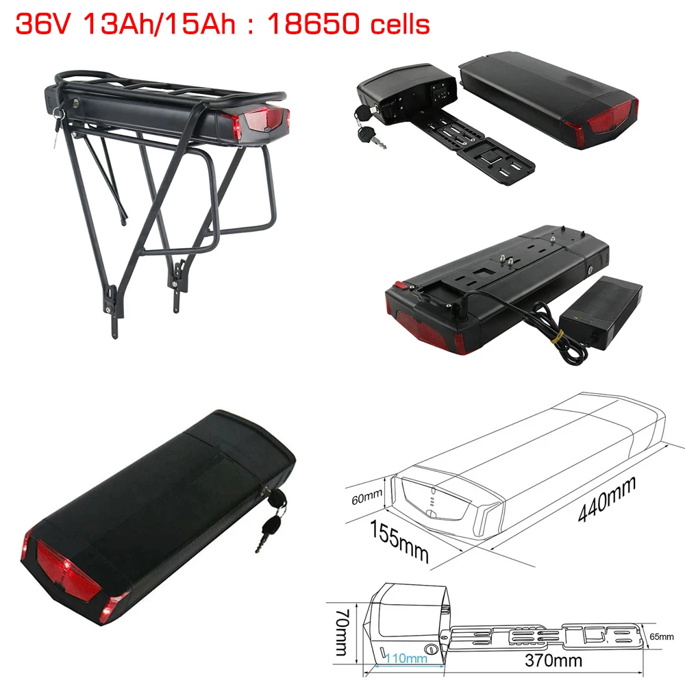 Ebike Battery 36V 18Ah 17.5Ah 13AH 15H Rear Rack Electric Bicycle Battery 18650 27100 Pack for 36V 250W 350W 500W  Motor Kit