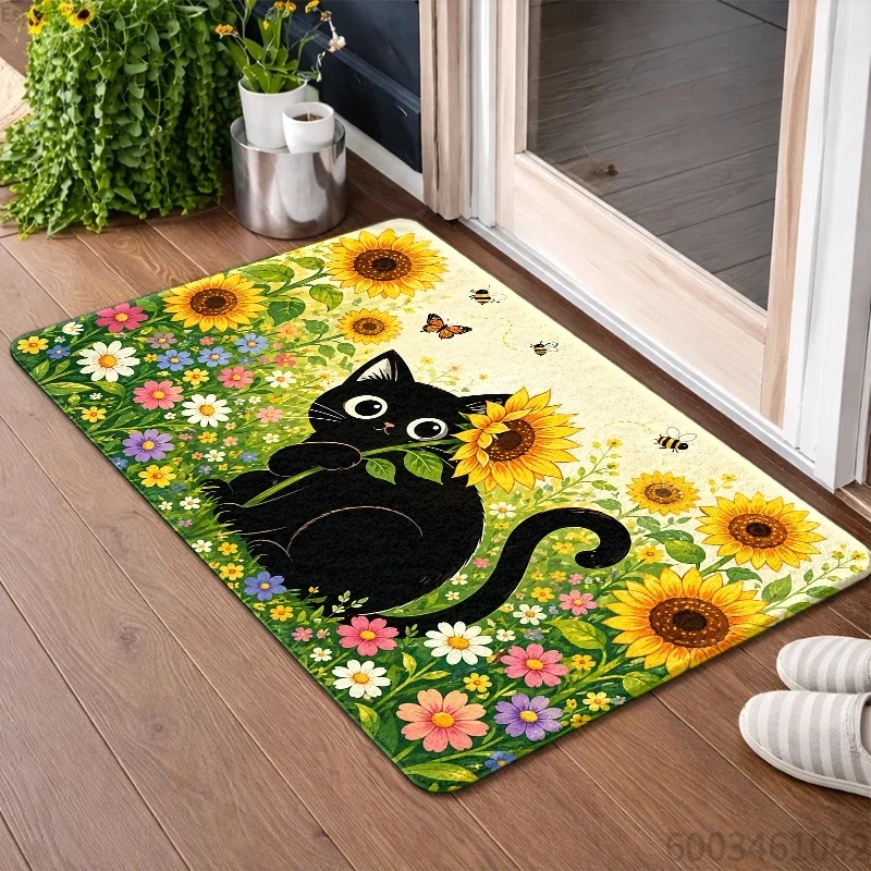 Cute Black Cat Series Doormat Non‑Slip Washable Cartoon Animal Flower Floor Rug for Kitchen Bedroom Entryway Indoor Home Decor