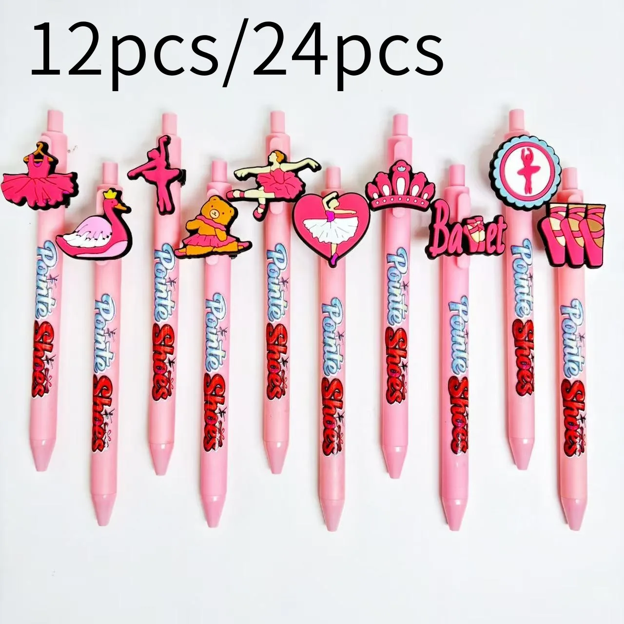 

12pcs/24pcs Creative Fantasy Ballet Theme Ballpoint Pens, Pink Barrel, Quick-Drying Ink, Student Writing Pens