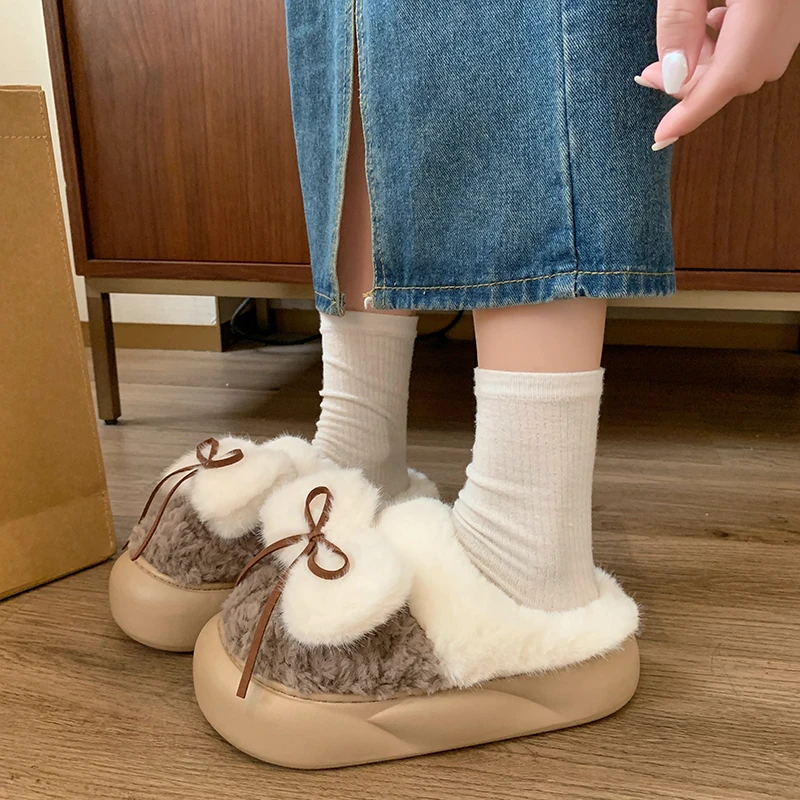 Bow Fur Slippers Women Snow Boots Flats Platform Home Cotton Shoes 2024 Winter New Plush Warm Slides Furry Mules Zapatos Mujer