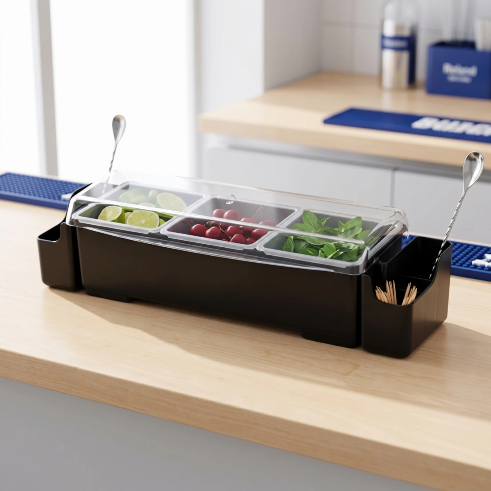Bar Organizer with Clear Cover Easy to Clean Garnish Station with Lid Condiment Holder Ergonomic Holder Reusable for Bartenders