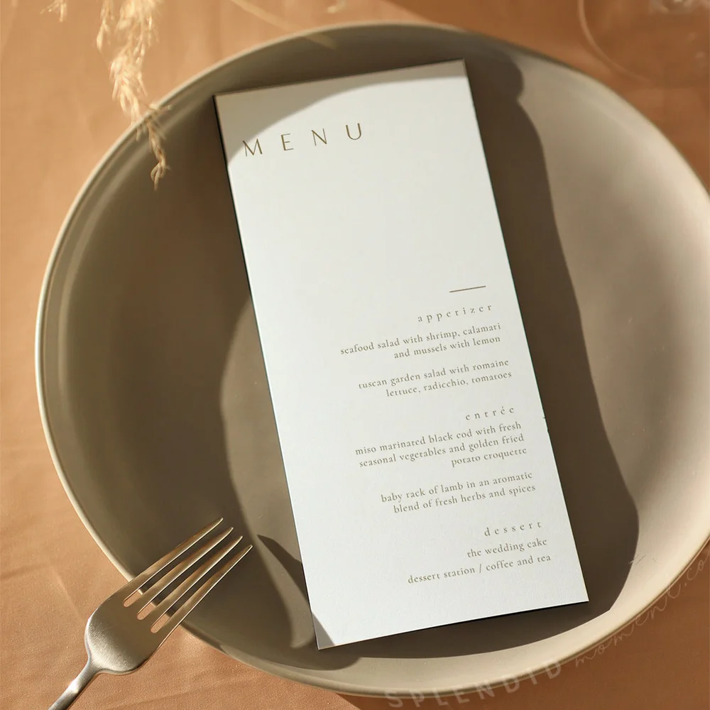 Carte del Menu di nozze moderne, carte del Menu di nozze Minimal, Menu arancione bruciato, carte del Menu d'oro, carte del Menu di nozze Boho