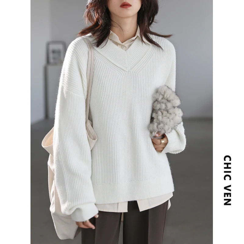 CHIC VEN maglioni da donna Pullover a righe con scollo a v maglione lavorato a maglia sciolto manica lunga cappotto spesso Office Lady autunno