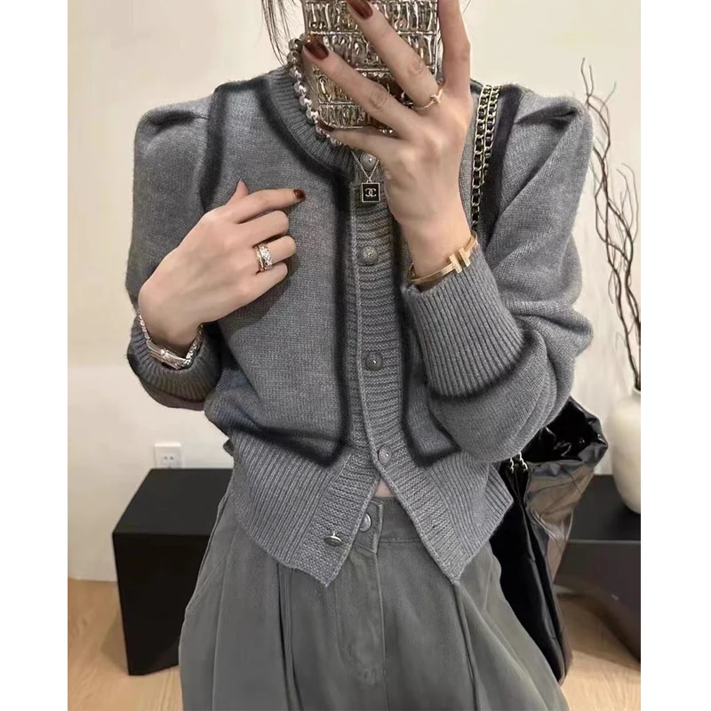 Women Clothing 2024Spring Autumn Vintage Elegant Chic Button Knitted Cardigan Y2K Female O Neck Long Sleeve Slim Cropped Sweater