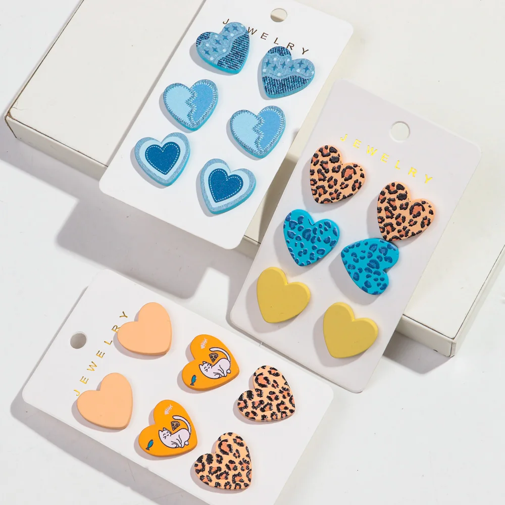 3Pairs/set Colorful Acrylic Love Heart Round Earrings for Women Girls Simple Leopard Dots Earrings Trend Jewelry