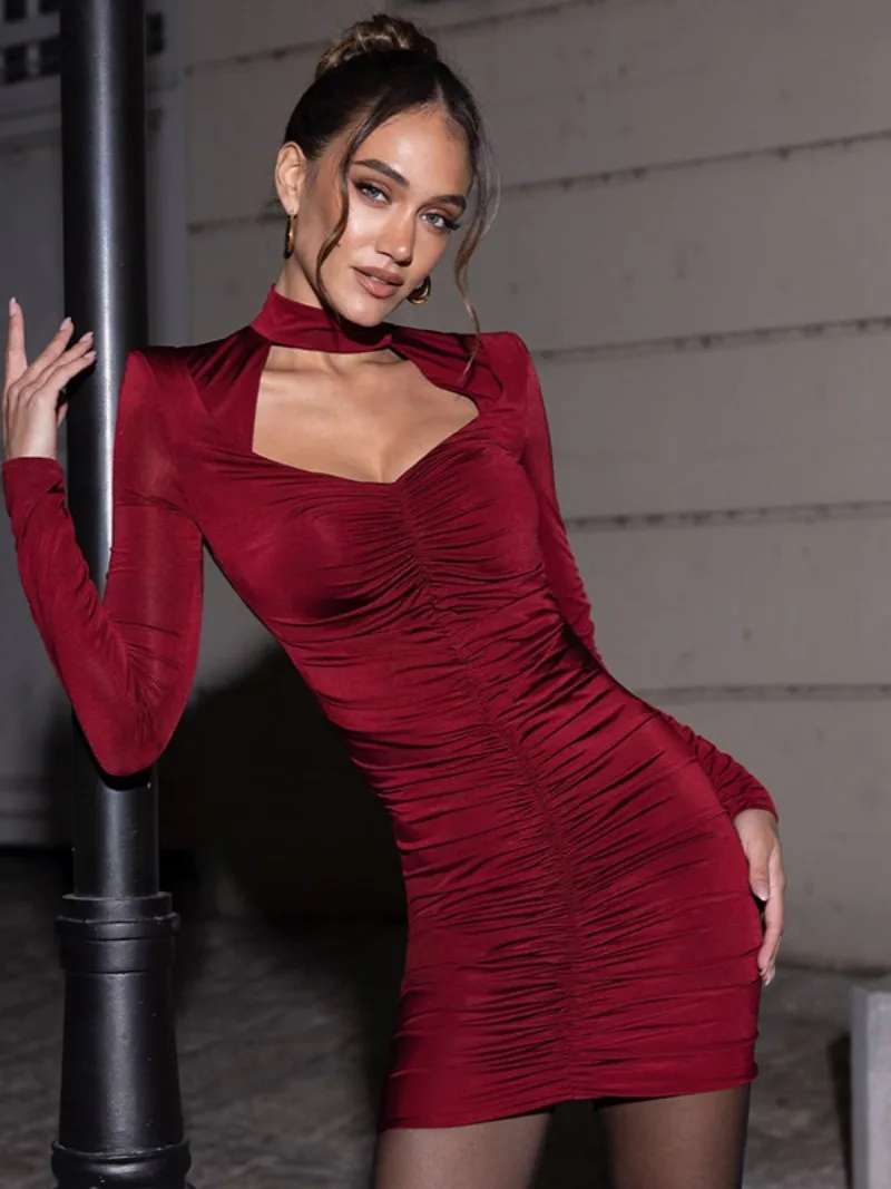 Elegant Wine Red Short Party Dress Women Autumn Winter Hollow Out Shoulder Pads Evening Prom Dresses Bodycon Folds Wedding Gowns