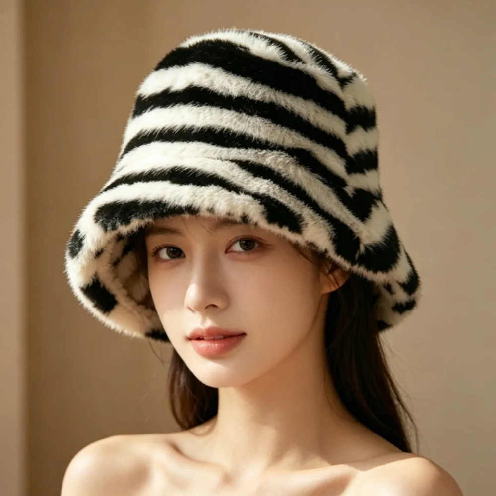 New Zebra Pattern Winter Bucket Hat Fluffy Faux Fur Bonnet Cap Thickened Soft Basin Hat