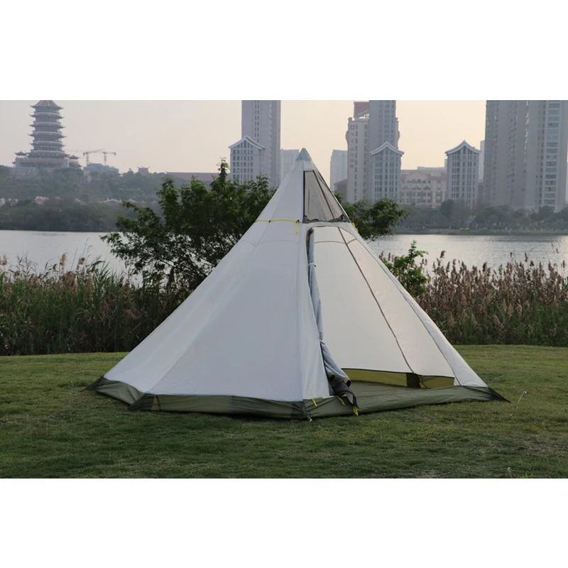 Glaming Teepee Outdoor Camping Tent 3-4 Person Cotton Pyramid 2 Layer Rainproof Black Coated Beach Travel Hiking Family Car Tent