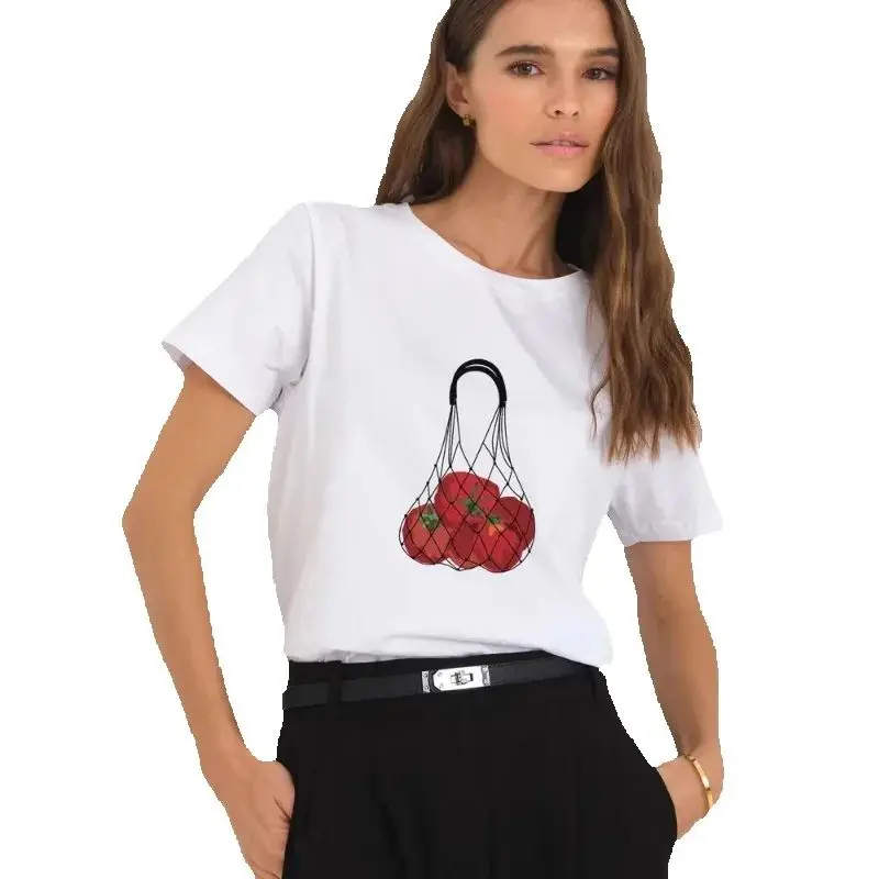 

Women's Fashionable Trendy Pure T-shirt Cute Hedgehog Cartoon Printed Fruit Pattern Aesthetic Girls' Style Summer polyester
