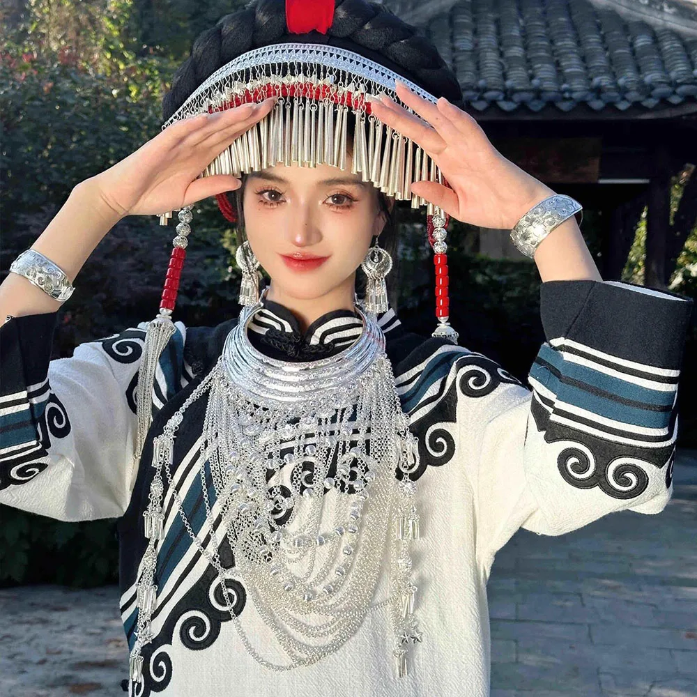 

Богемное Мяо посеребренное длинное ожерелье с подвеской в виде колокольчика и кисточкой для женщин, цыганское афганское индейское этническое массивное ювелирное изделие, подарок