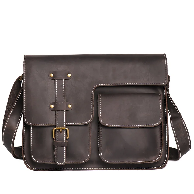 Men's Genuine Leather Horizontal Single Shoulder Bag High Capacity Courier Bag in Top Layer Cowhide