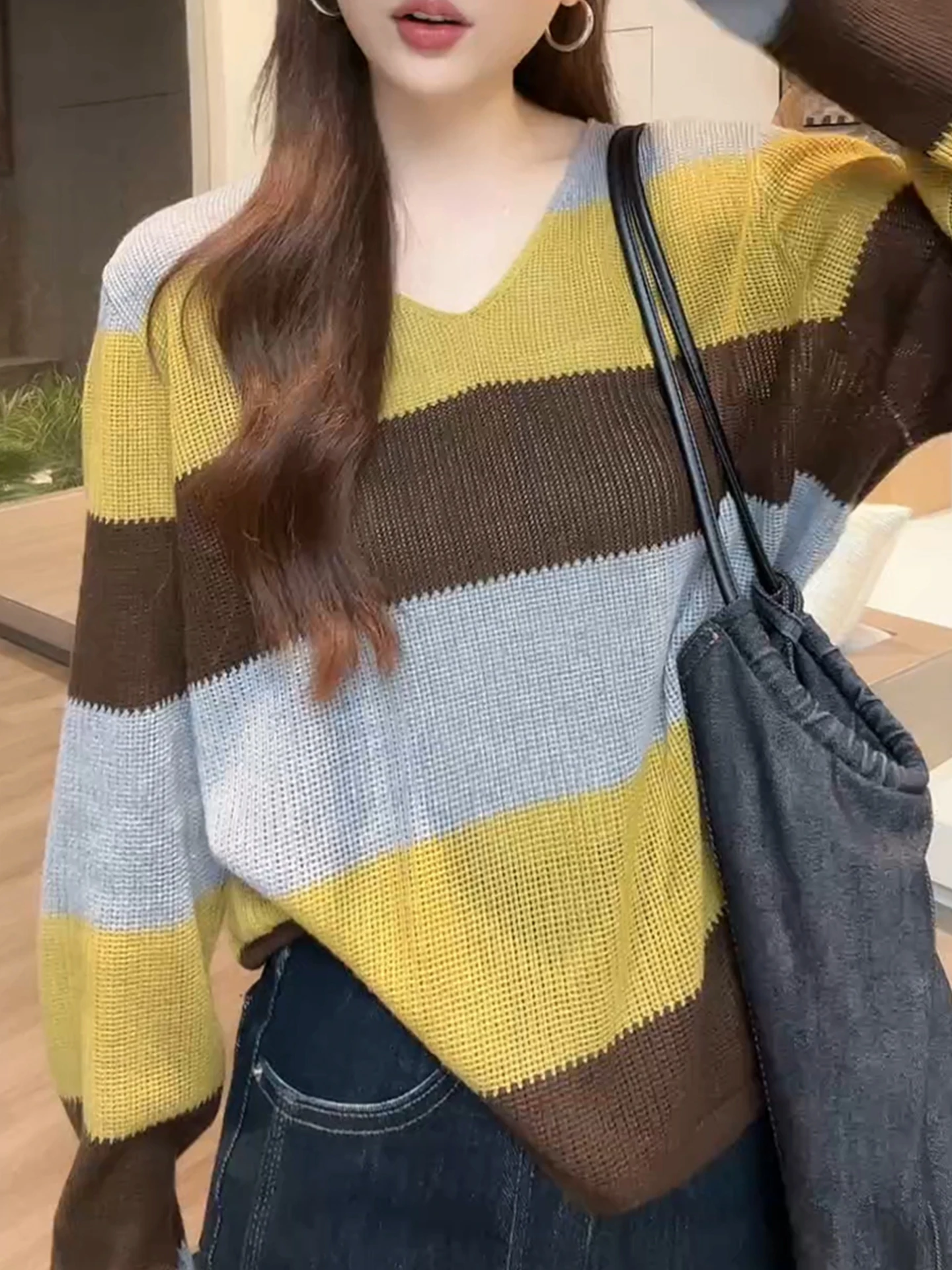 بلوفر صيفي فضفاض بأكمام طويلة بنمط كوري مريح ومخطط، مناسب للارتداء اليومي، أنيق وواسع